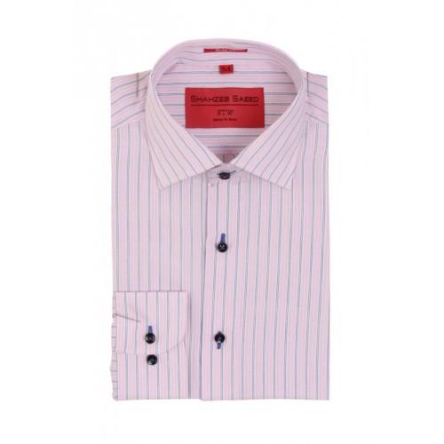 Pink Blue Cotton Striped Formal Shirt With Blue Brick Contrast 
